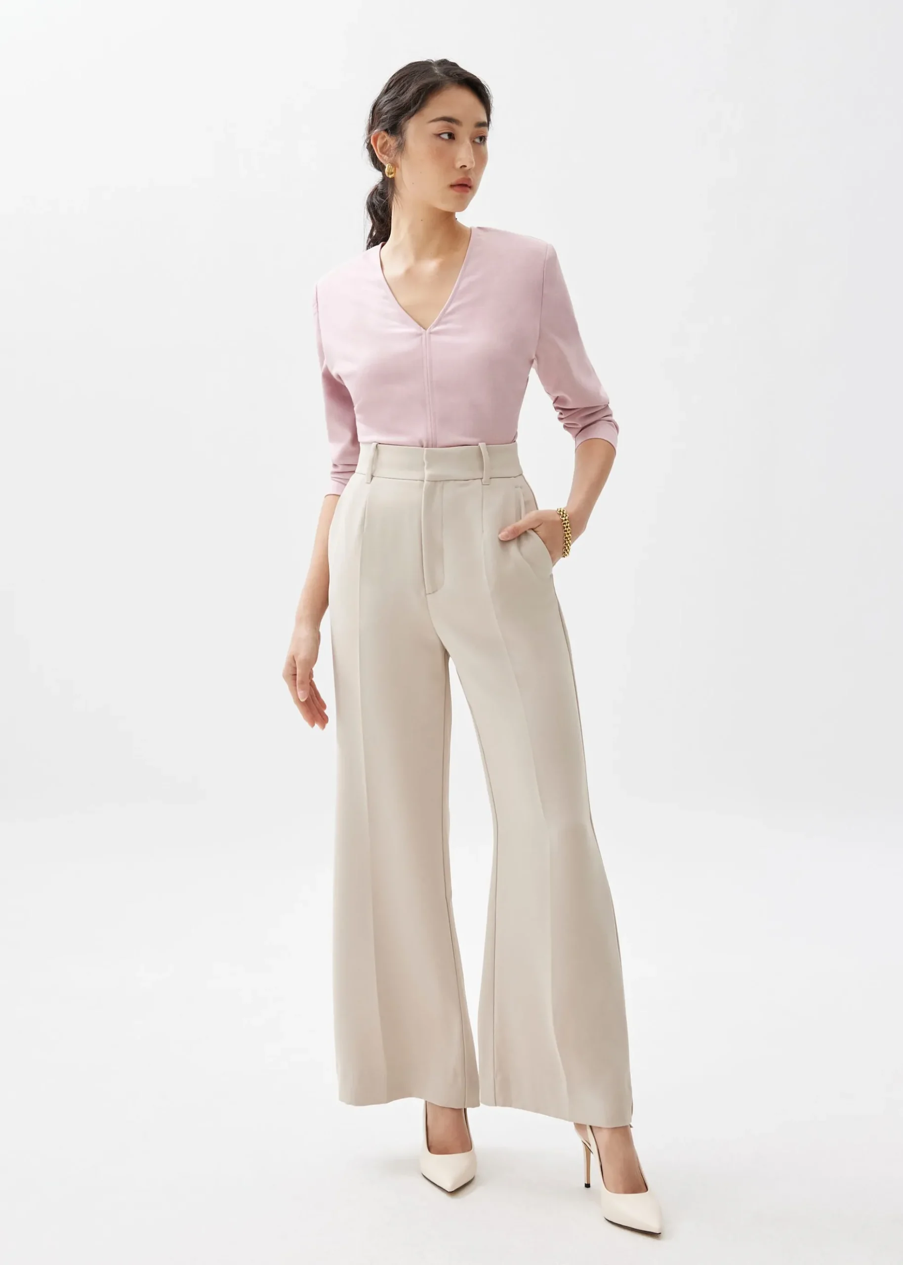 Moon Shoulder Padded Melange V-neck Top