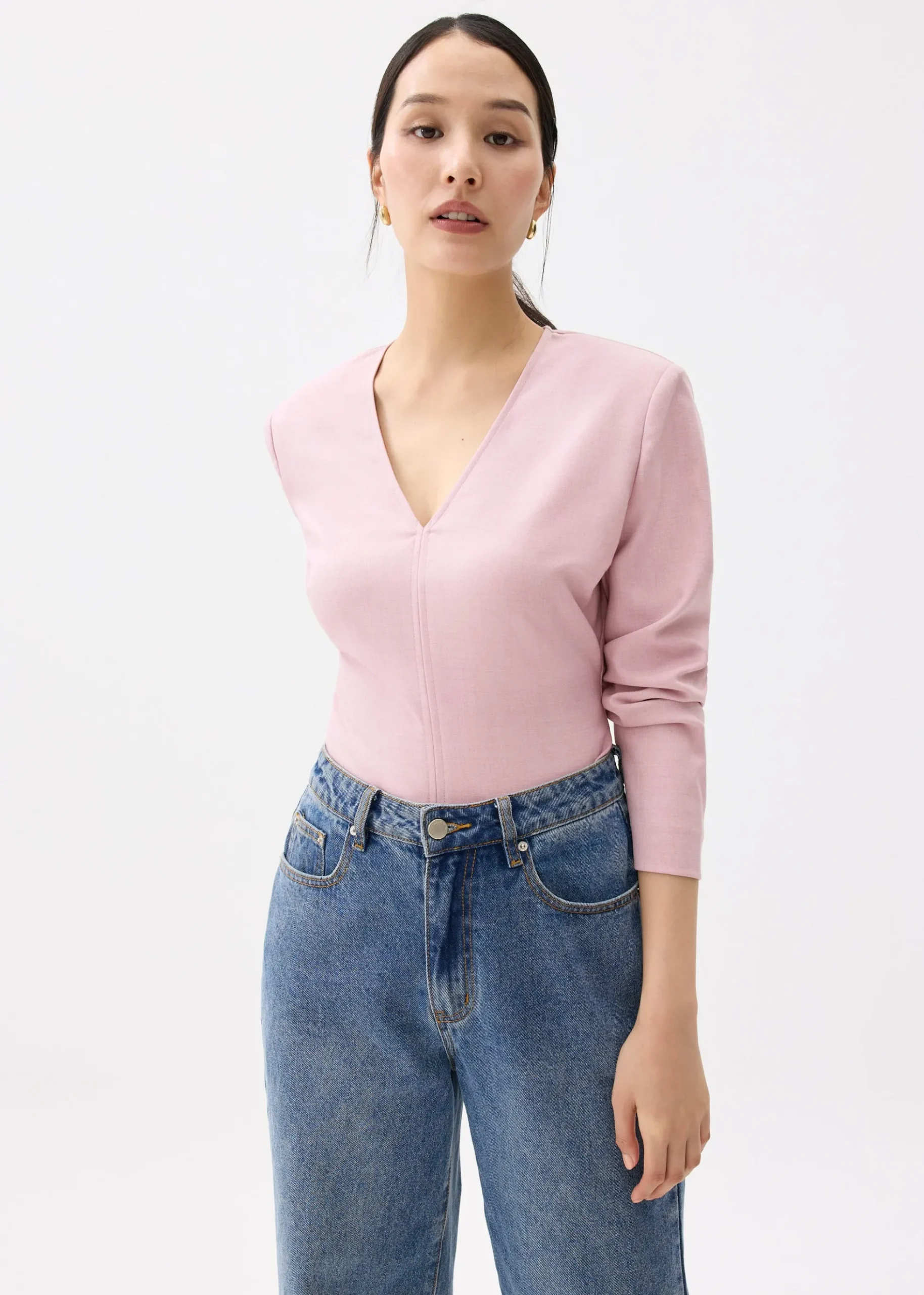Moon Shoulder Padded Melange V-neck Top