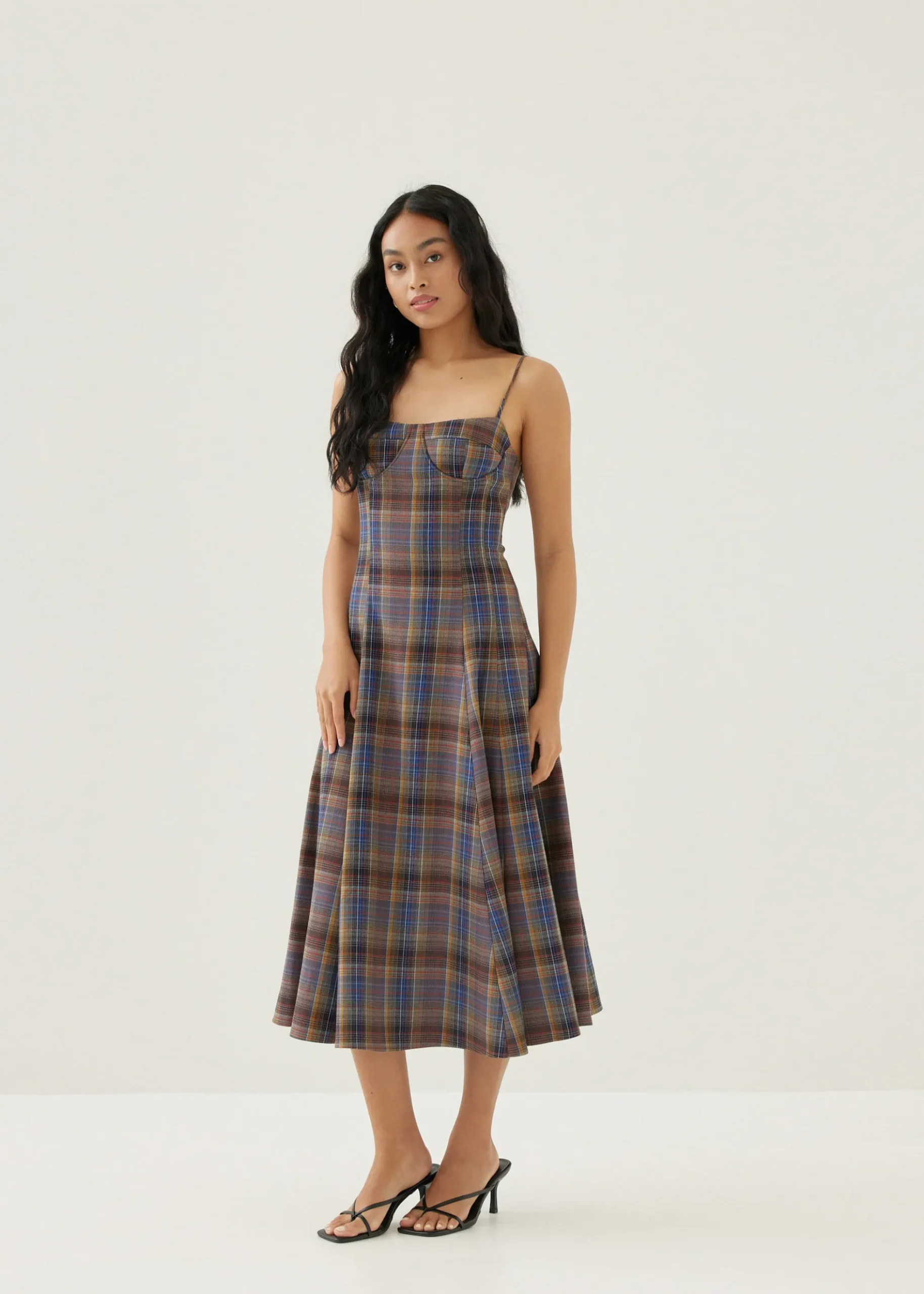 Norie Padded Plaid Sweetheart Midi Dress