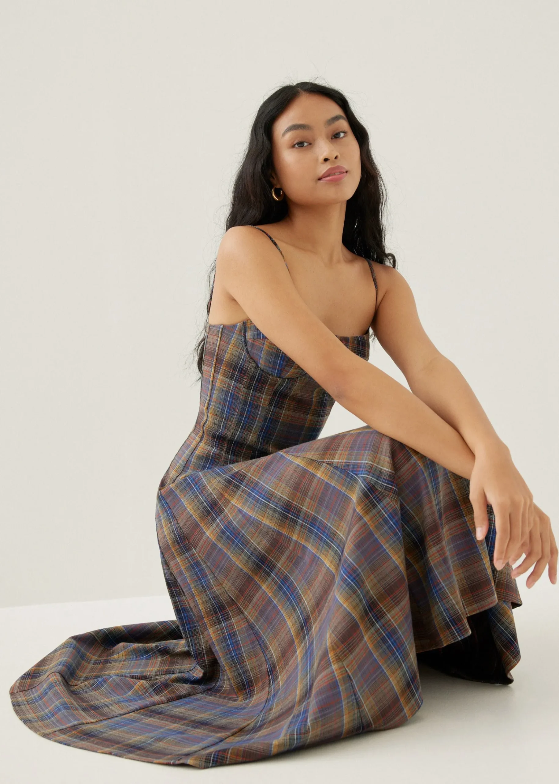 Norie Padded Plaid Sweetheart Midi Dress