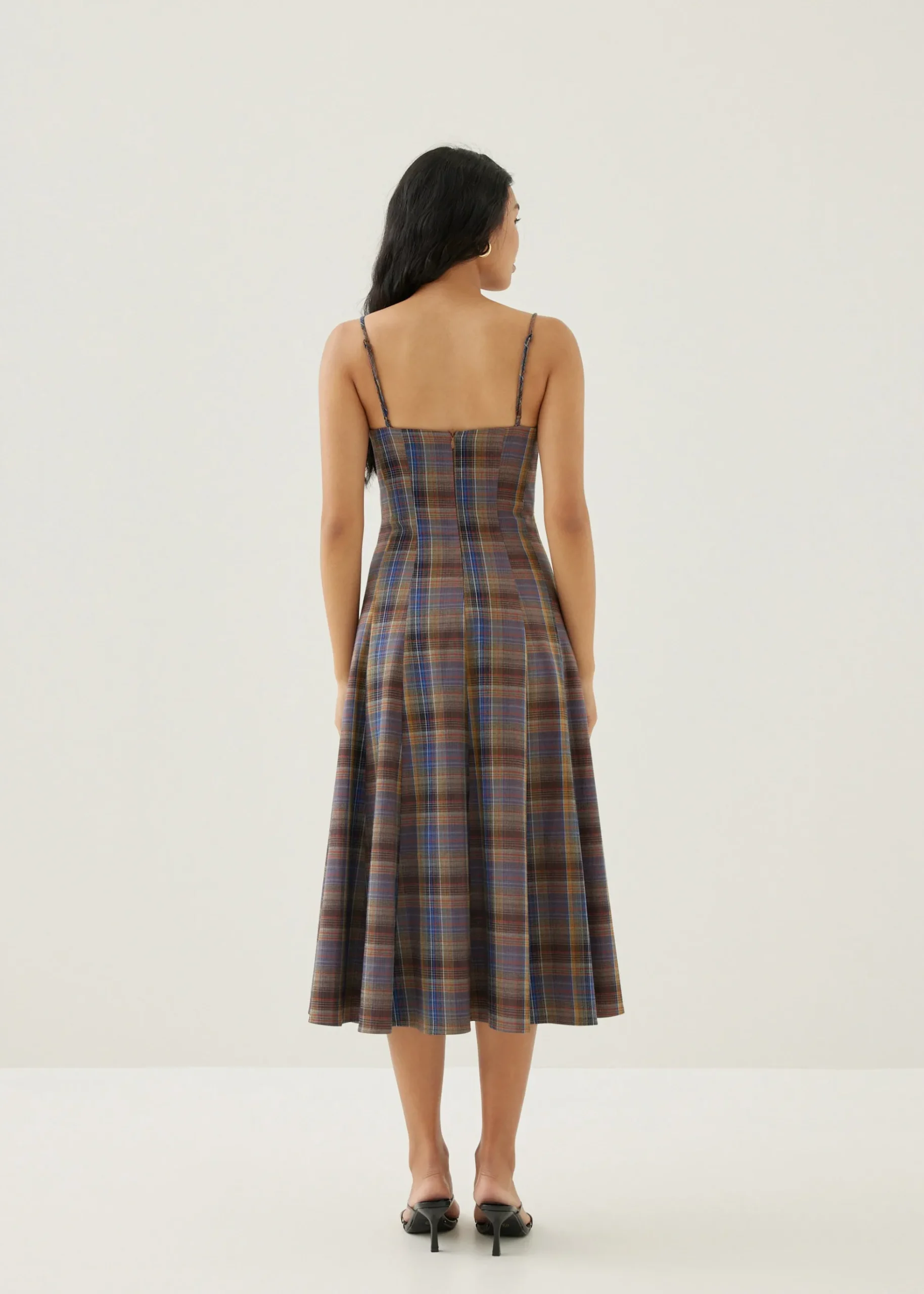 Norie Padded Plaid Sweetheart Midi Dress