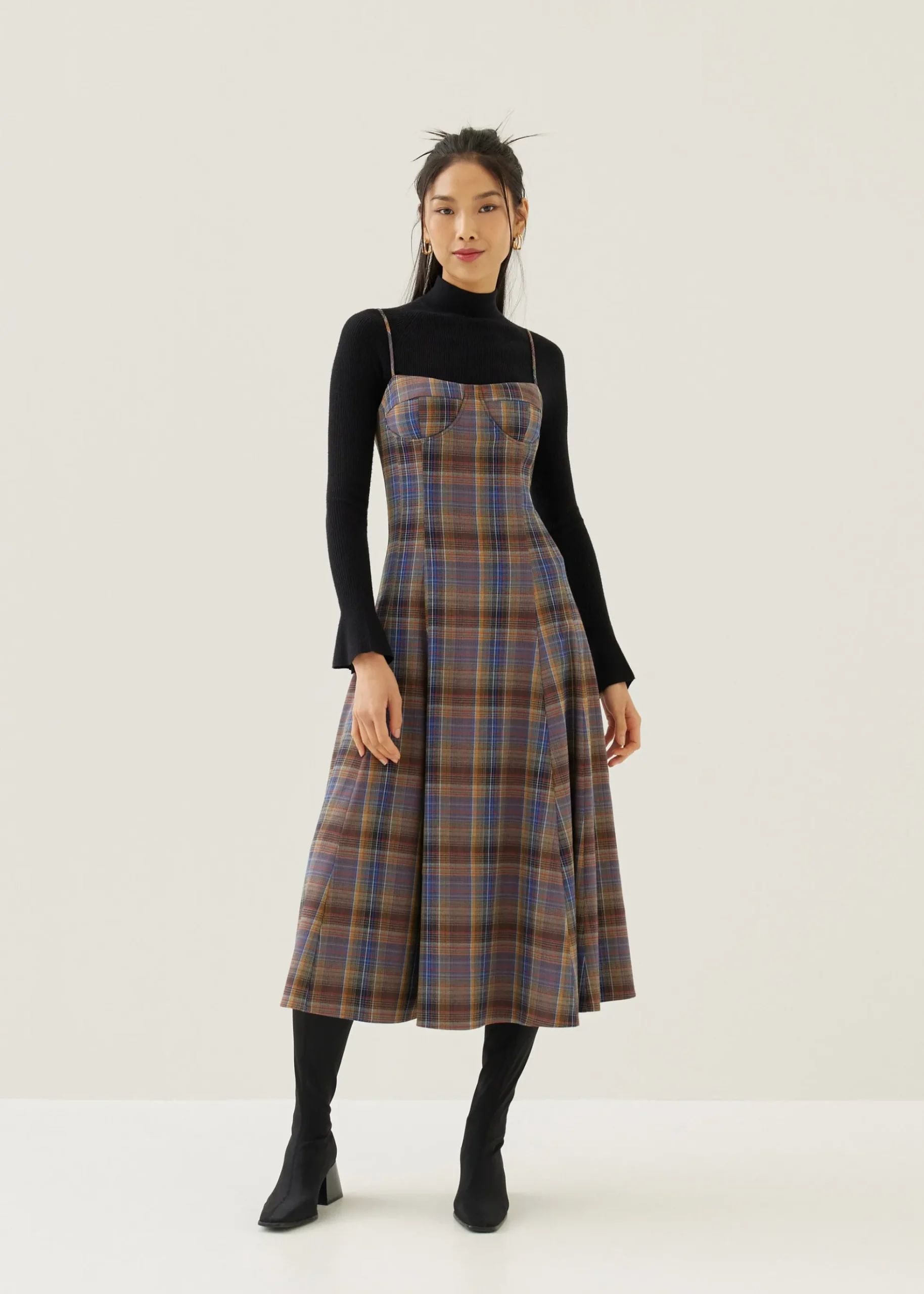 Norie Padded Plaid Sweetheart Midi Dress