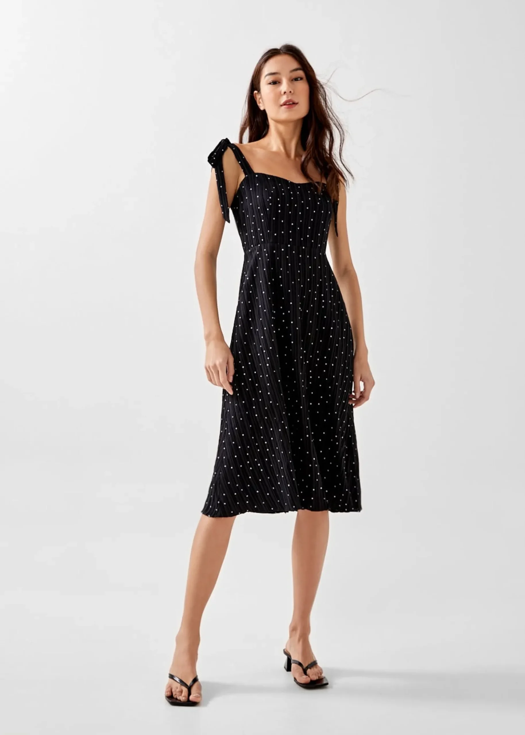 Olyvia Tie Shoulder Textured Polka Dot Dress