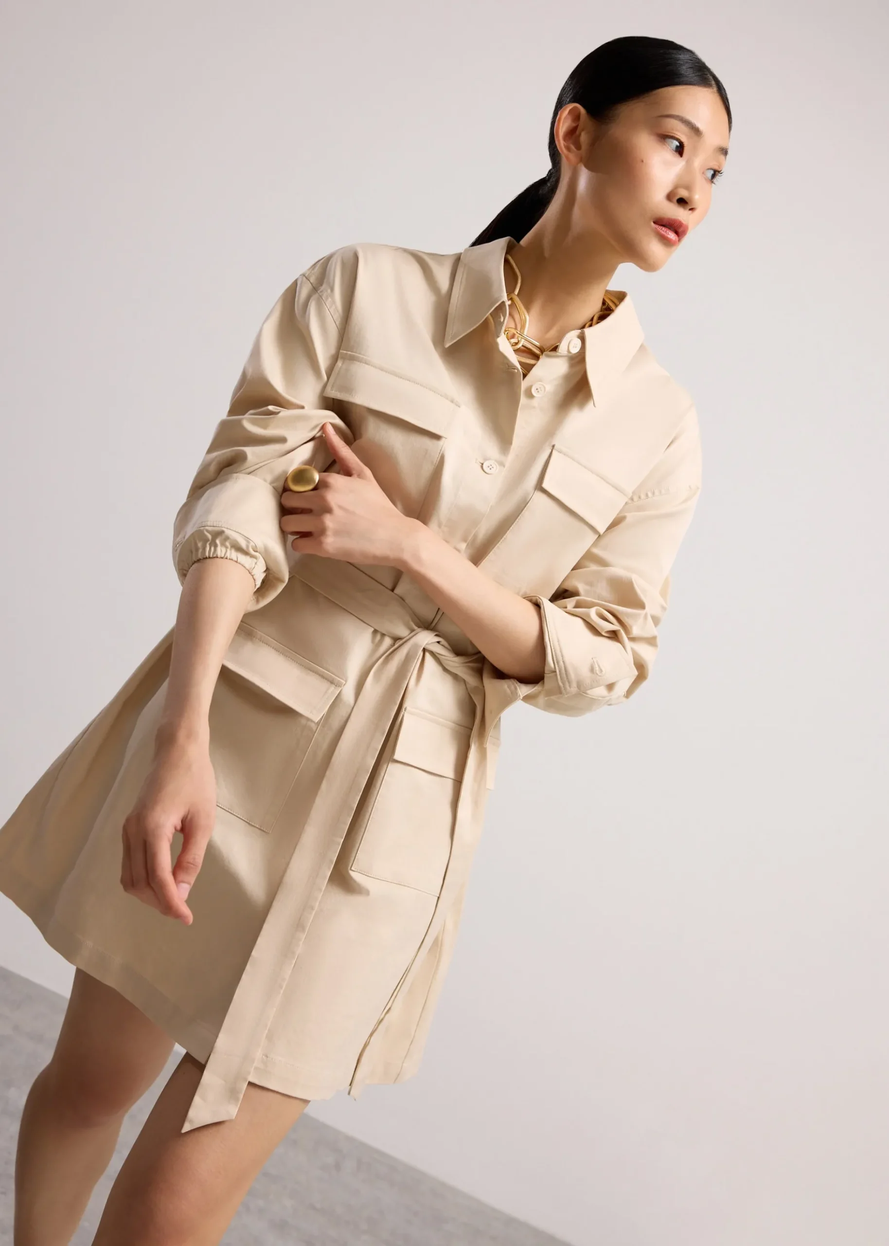 Oversized Cotton Twill Button Down Utility Shirt Dress