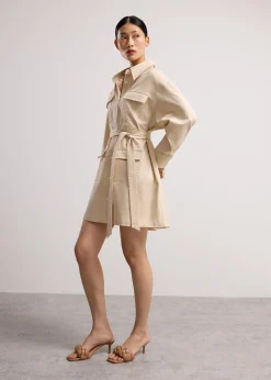 Oversized Cotton Twill Button Down Utility Shirt Dress