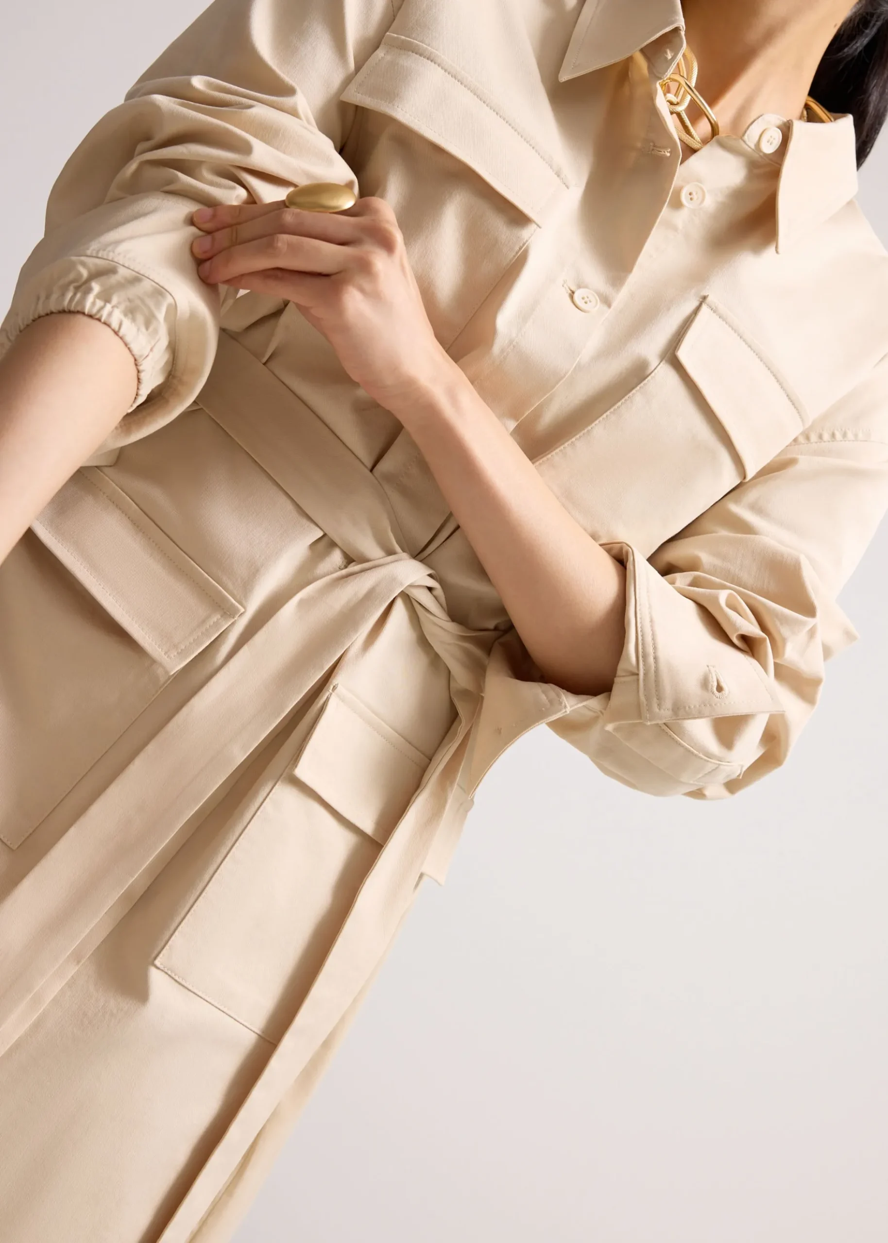 Oversized Cotton Twill Button Down Utility Shirt Dress