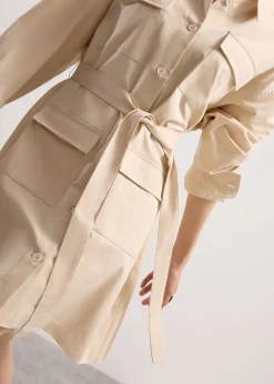 Oversized Cotton Twill Button Down Utility Shirt Dress