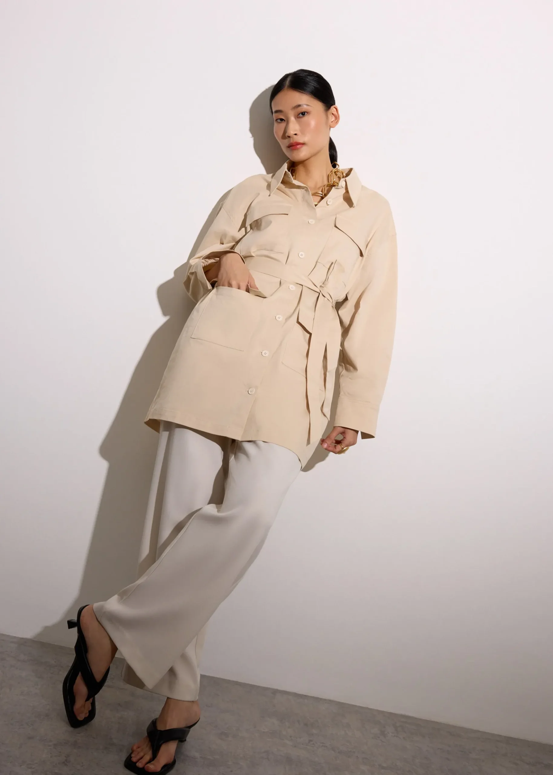Oversized Cotton Twill Button Down Utility Shirt Dress
