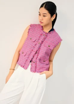 Oversized Tweed Frayed Hem Round Neck Vest