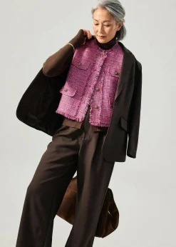 Oversized Tweed Frayed Hem Round Neck Vest