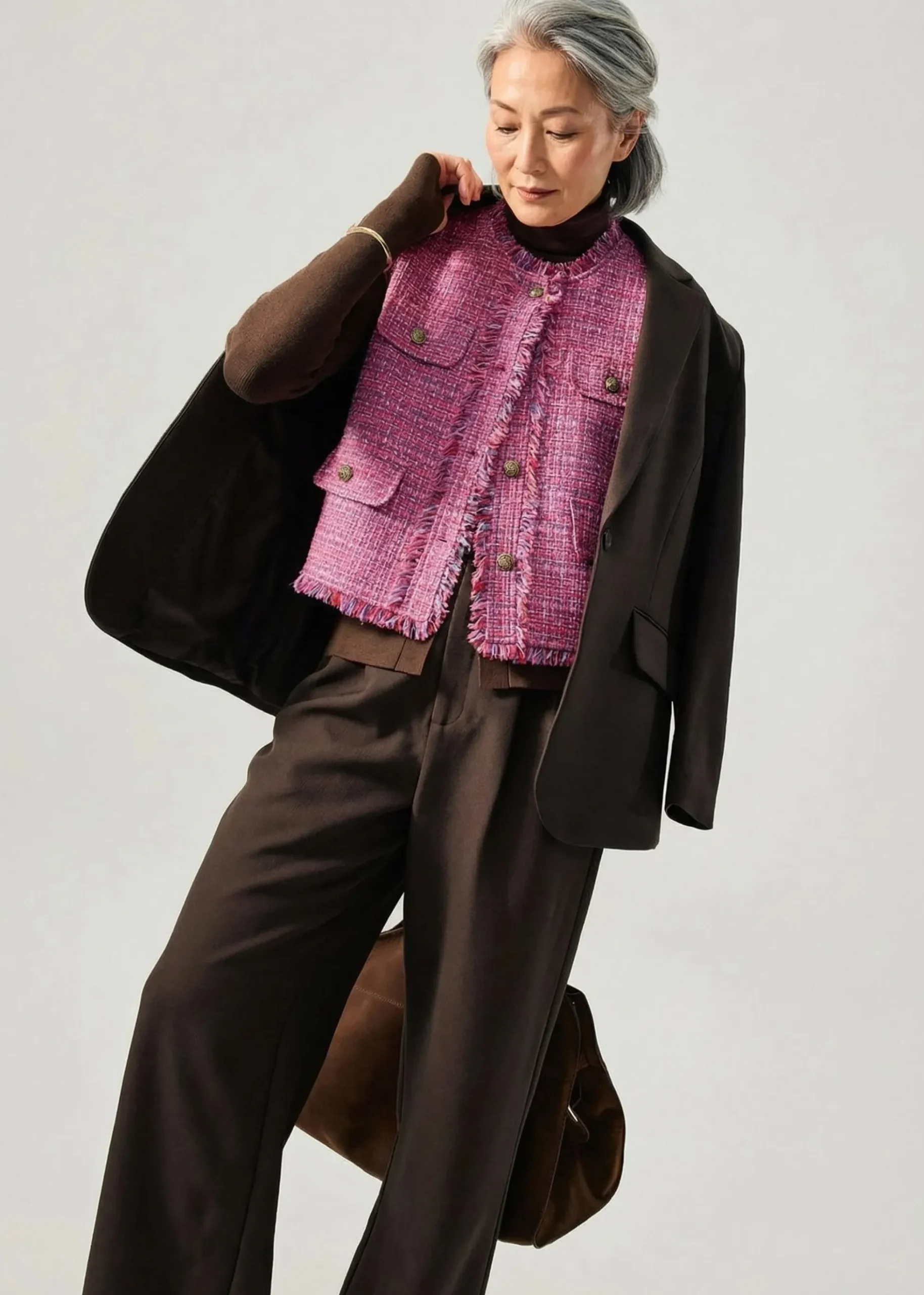 Oversized Tweed Frayed Hem Round Neck Vest