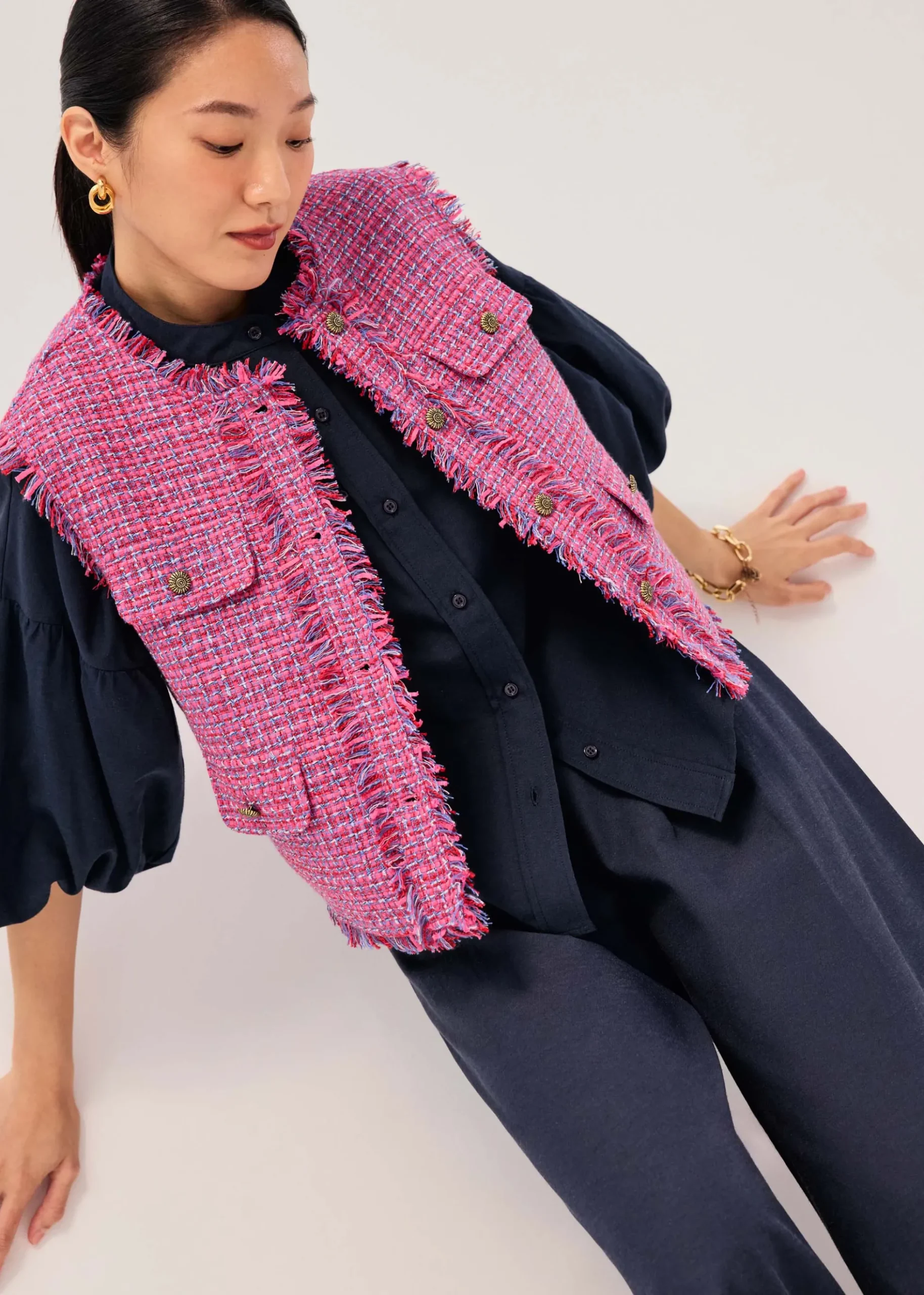 Oversized Tweed Frayed Hem Round Neck Vest