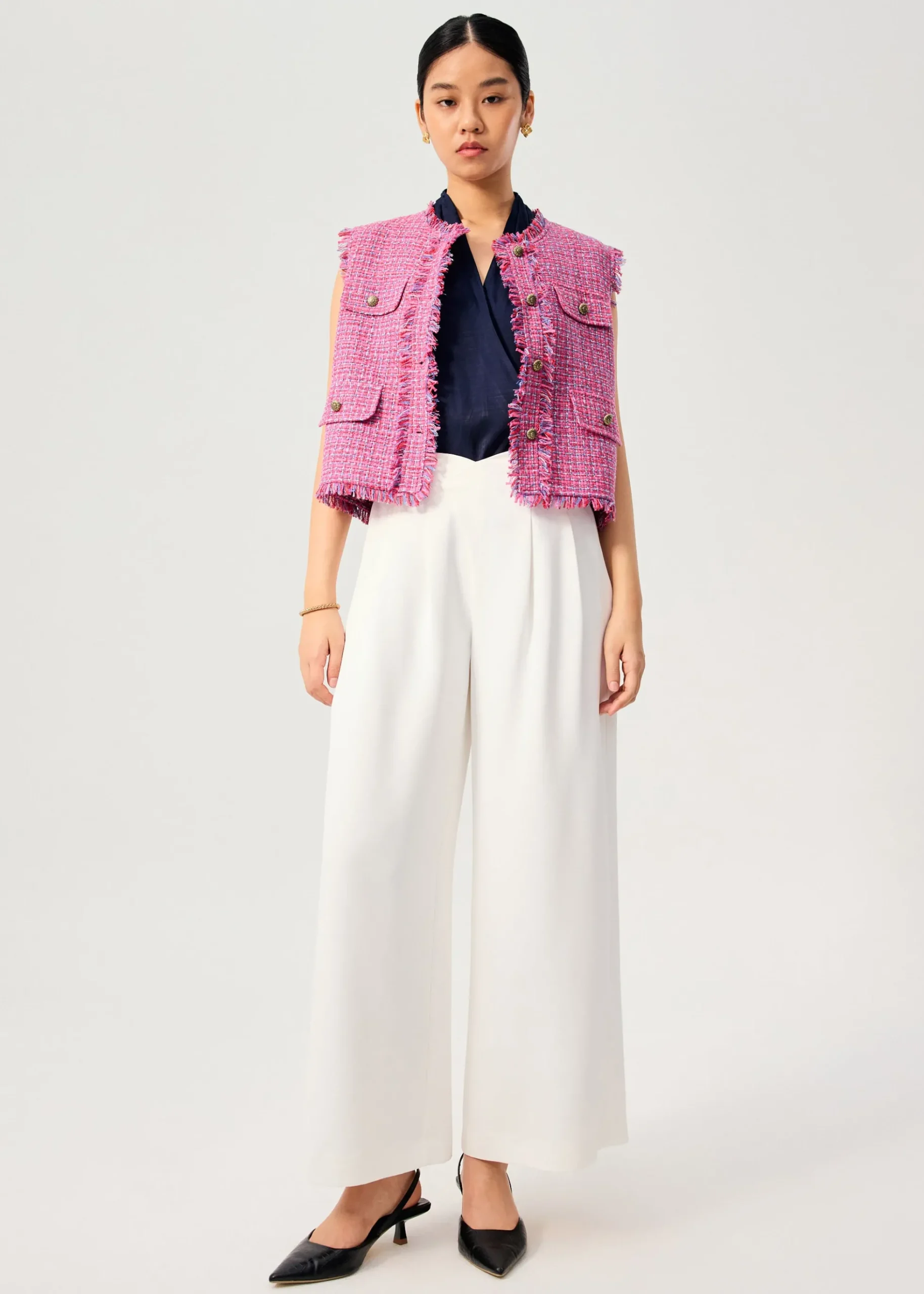 Oversized Tweed Frayed Hem Round Neck Vest