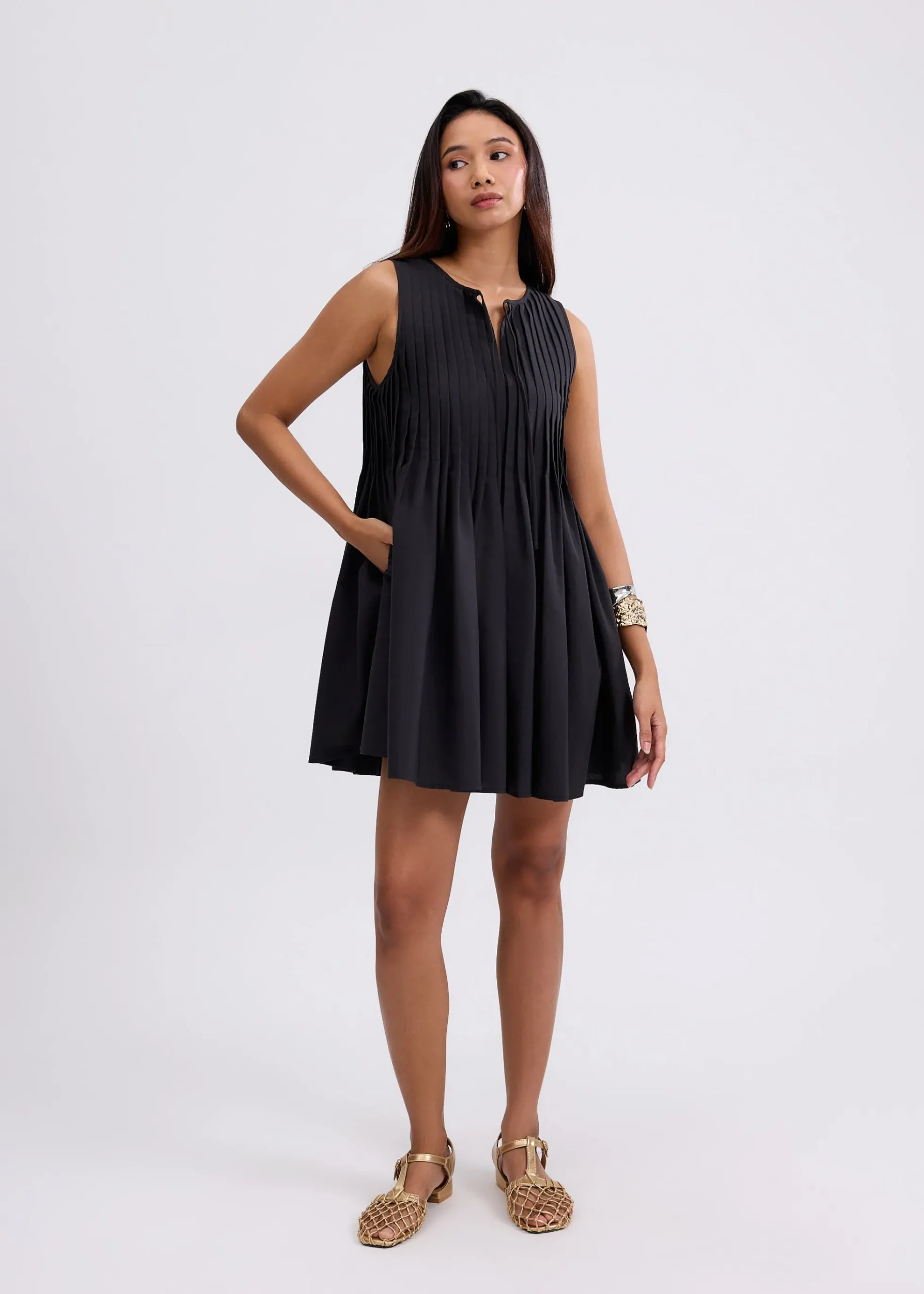 Oxford Pintuck Notched Trapeze Mini Dress
