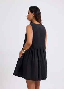 Oxford Pintuck Notched Trapeze Mini Dress