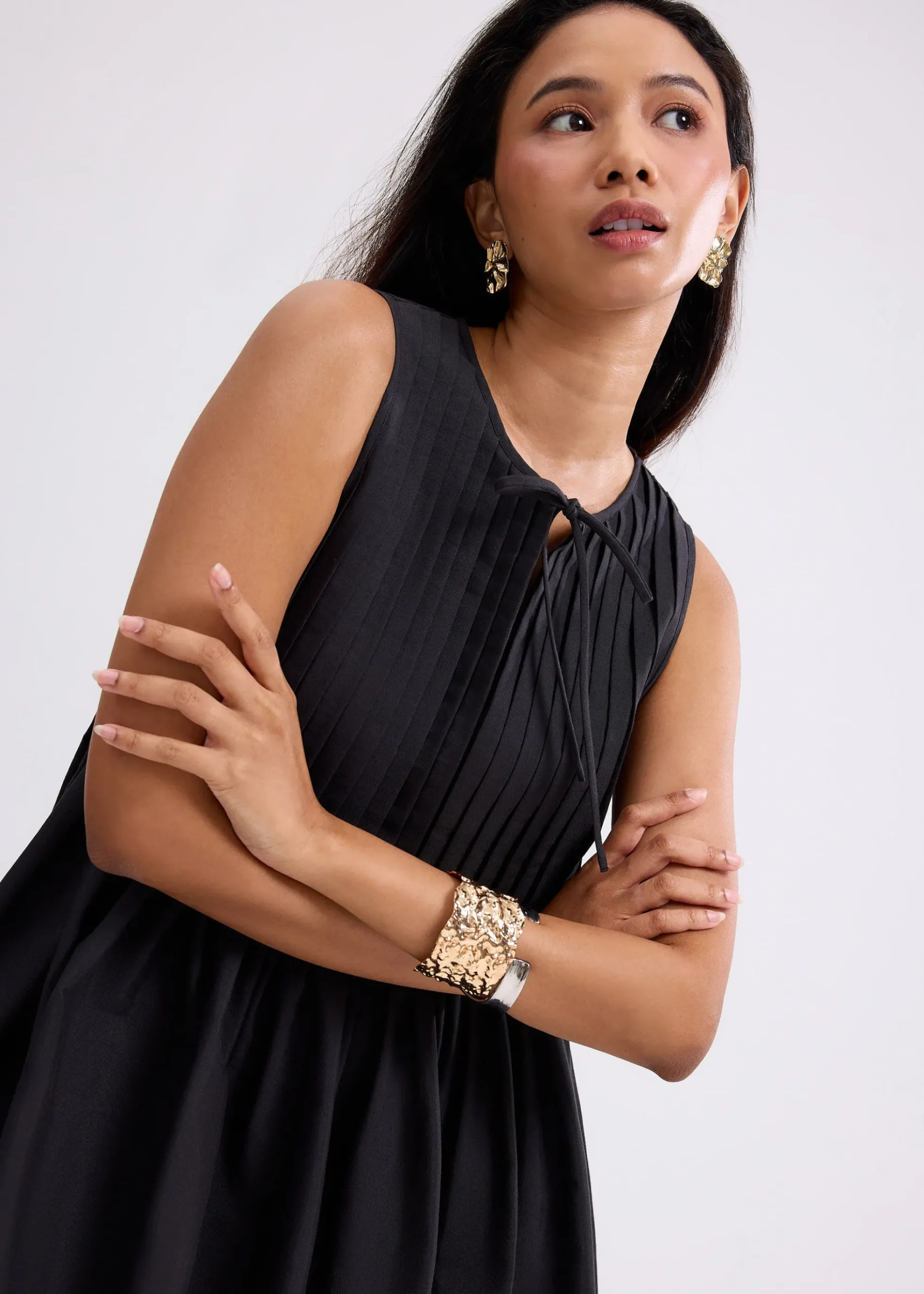 Oxford Pintuck Notched Trapeze Mini Dress