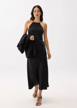 Padded Satin Halter Neck Maxi Dress