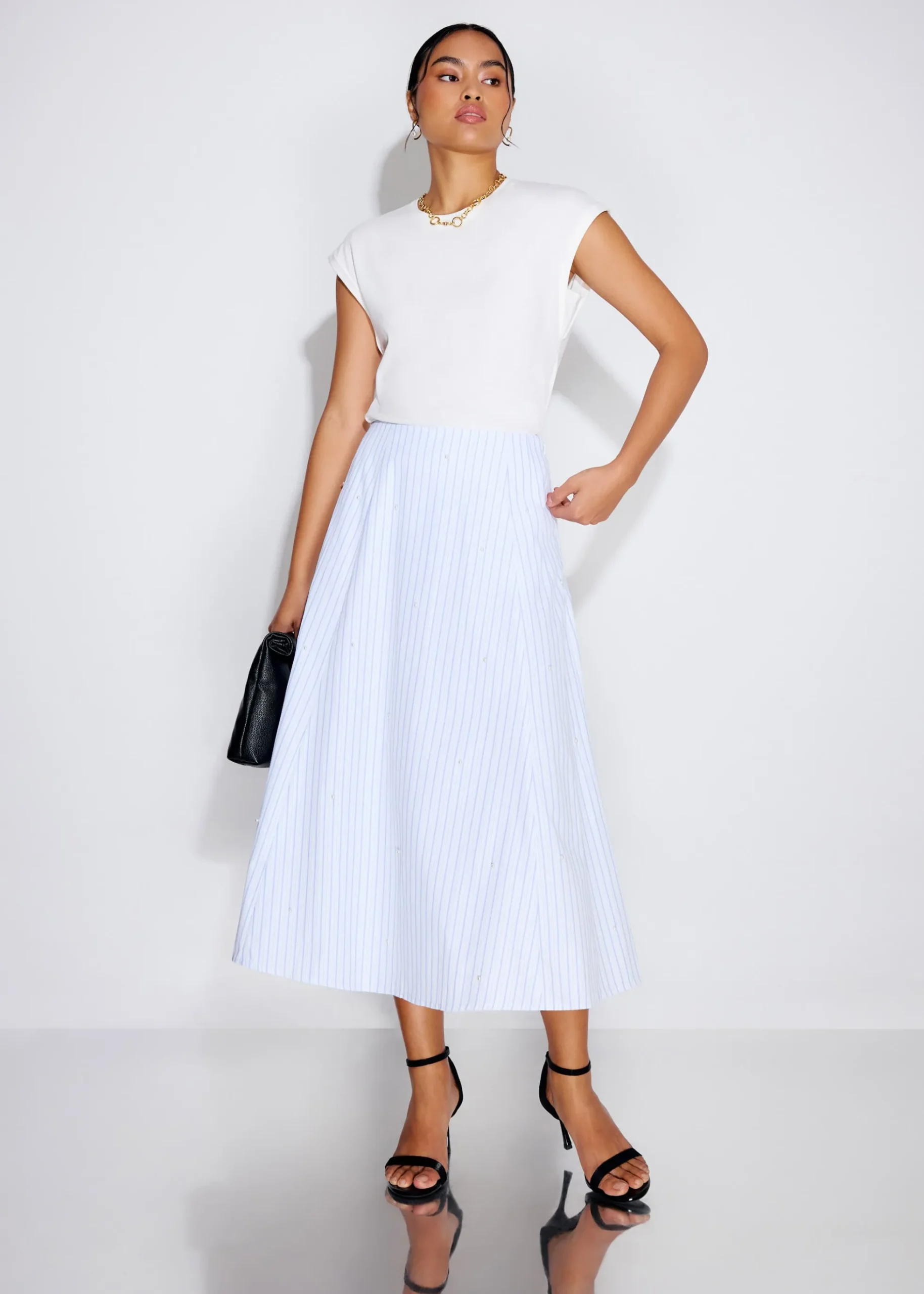 Pearl Embellished Pinstripe Flare Midaxi Skirt