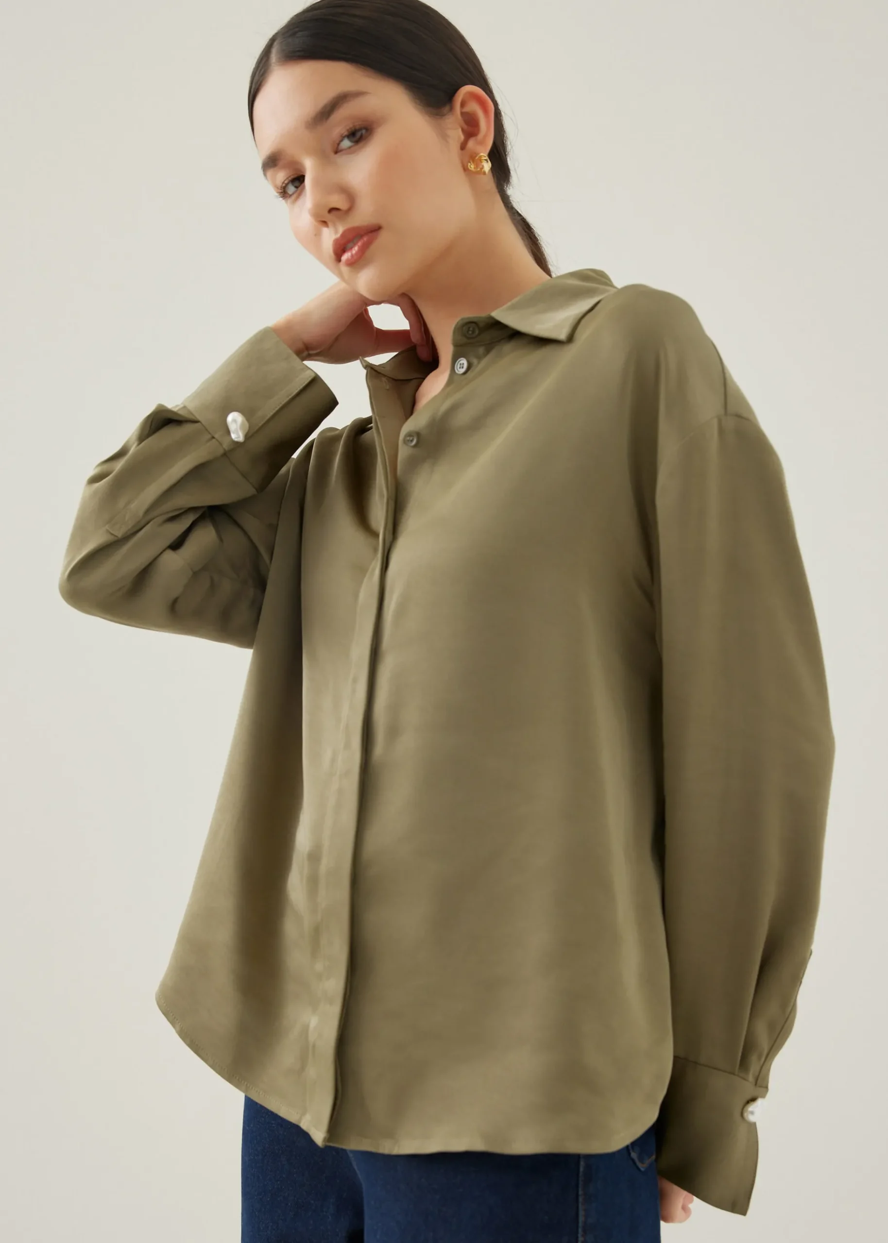 Pennie Satin Cuffed Sleeve Shirt