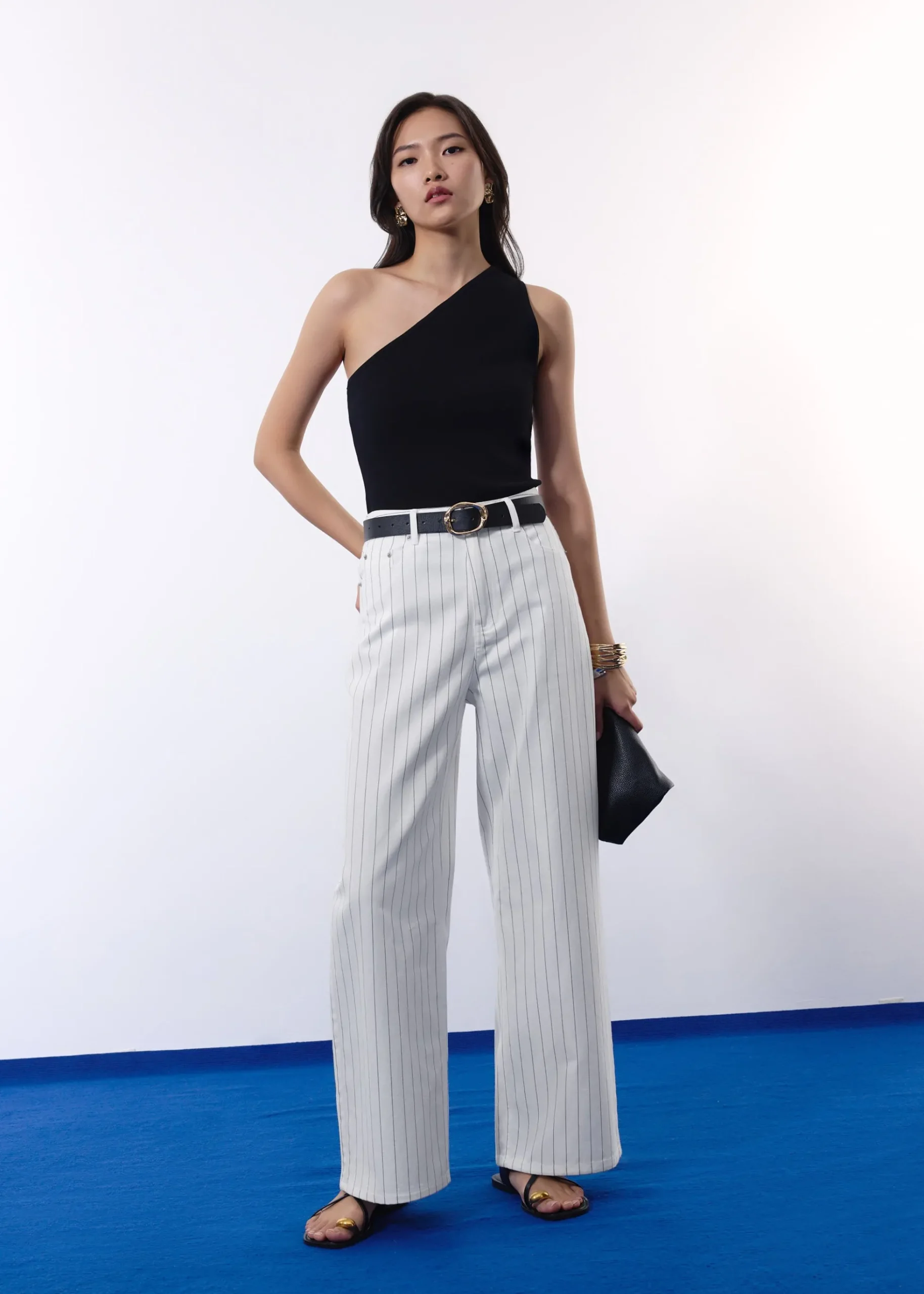 Pinstripe Cotton Twill 5-Pocket High Rise Straight Leg Pants