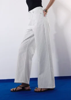Pinstripe Cotton Twill 5-Pocket High Rise Straight Leg Pants