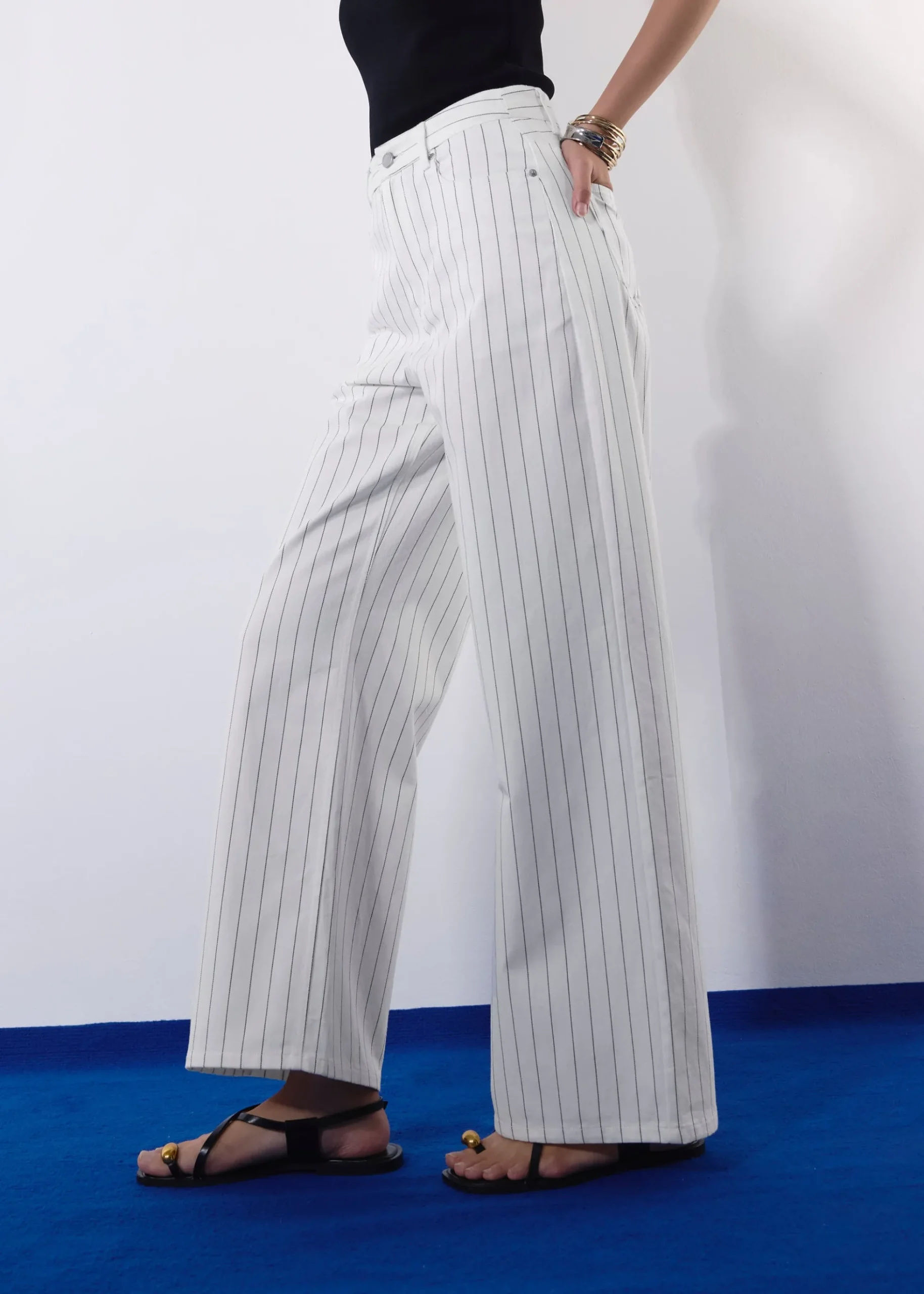 Pinstripe Cotton Twill 5-Pocket High Rise Straight Leg Pants