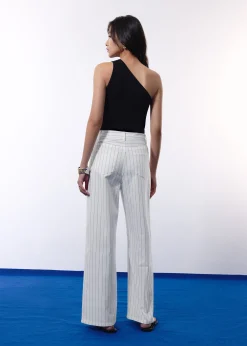 Pinstripe Cotton Twill 5-Pocket High Rise Straight Leg Pants
