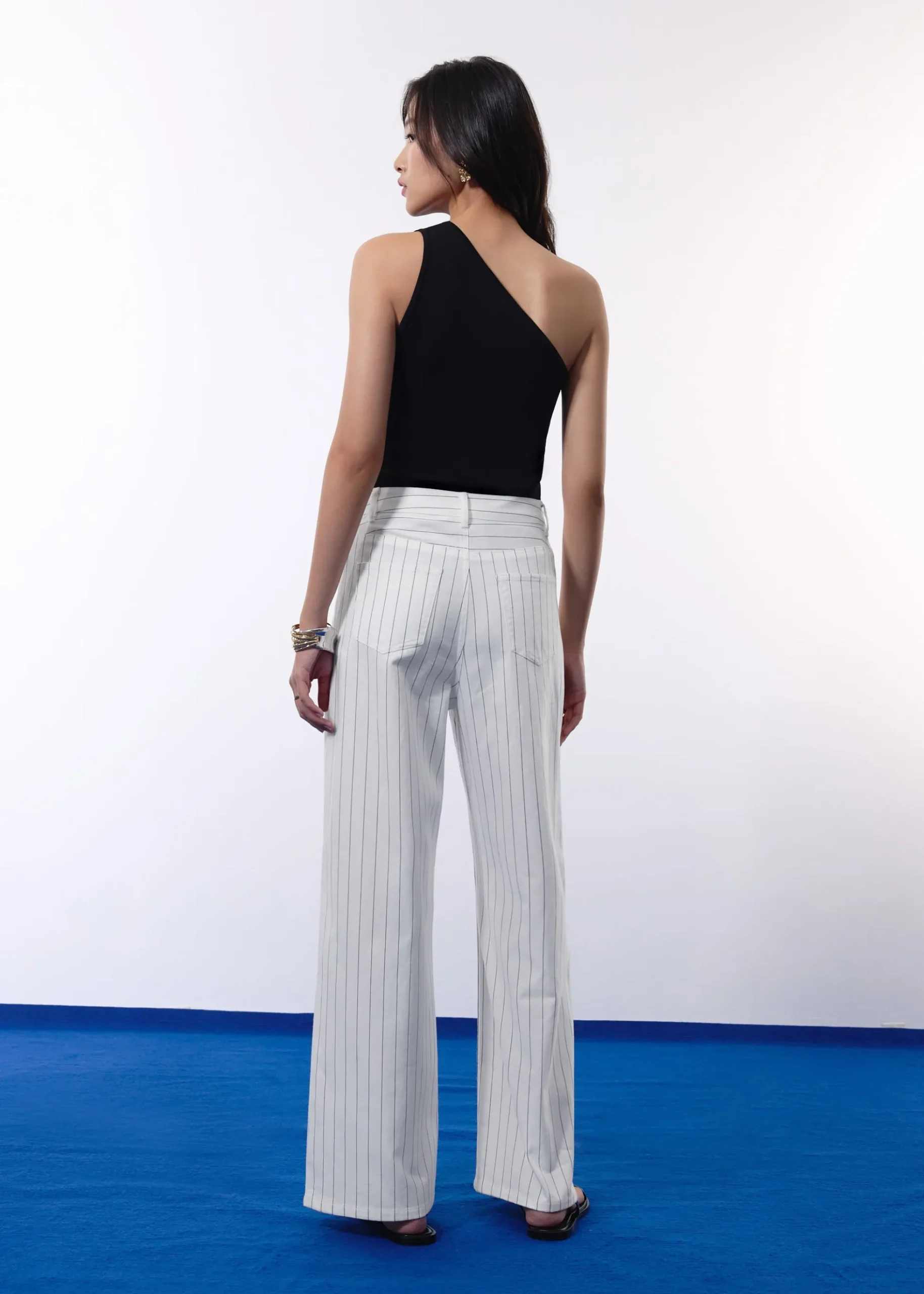 Pinstripe Cotton Twill 5-Pocket High Rise Straight Leg Pants