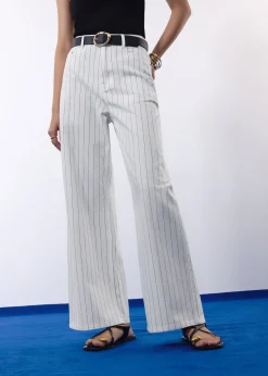 Pinstripe Cotton Twill 5-Pocket High Rise Straight Leg Pants