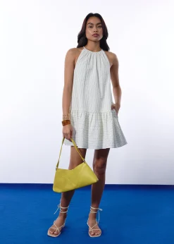 Pinstripe Seersucker Halter Trapeze Mini Dress