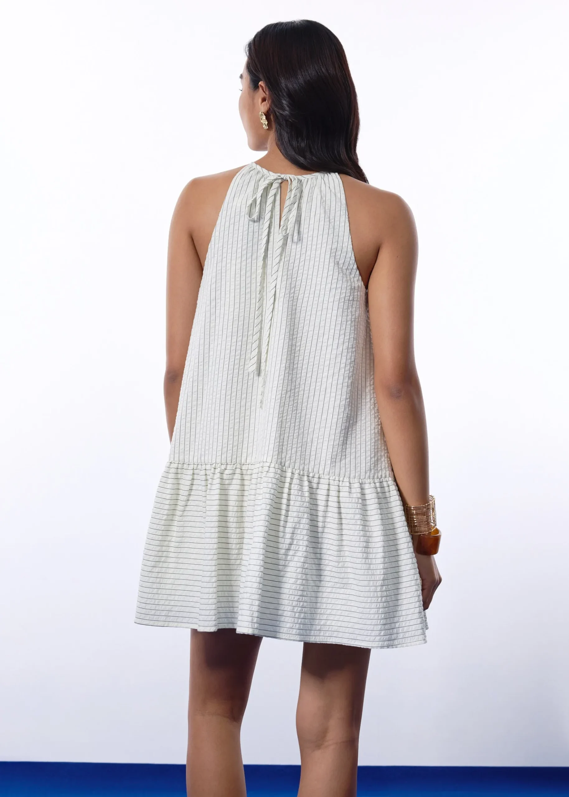Pinstripe Seersucker Halter Trapeze Mini Dress