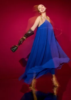 Pleated Halter Trapeze Maxi Dress