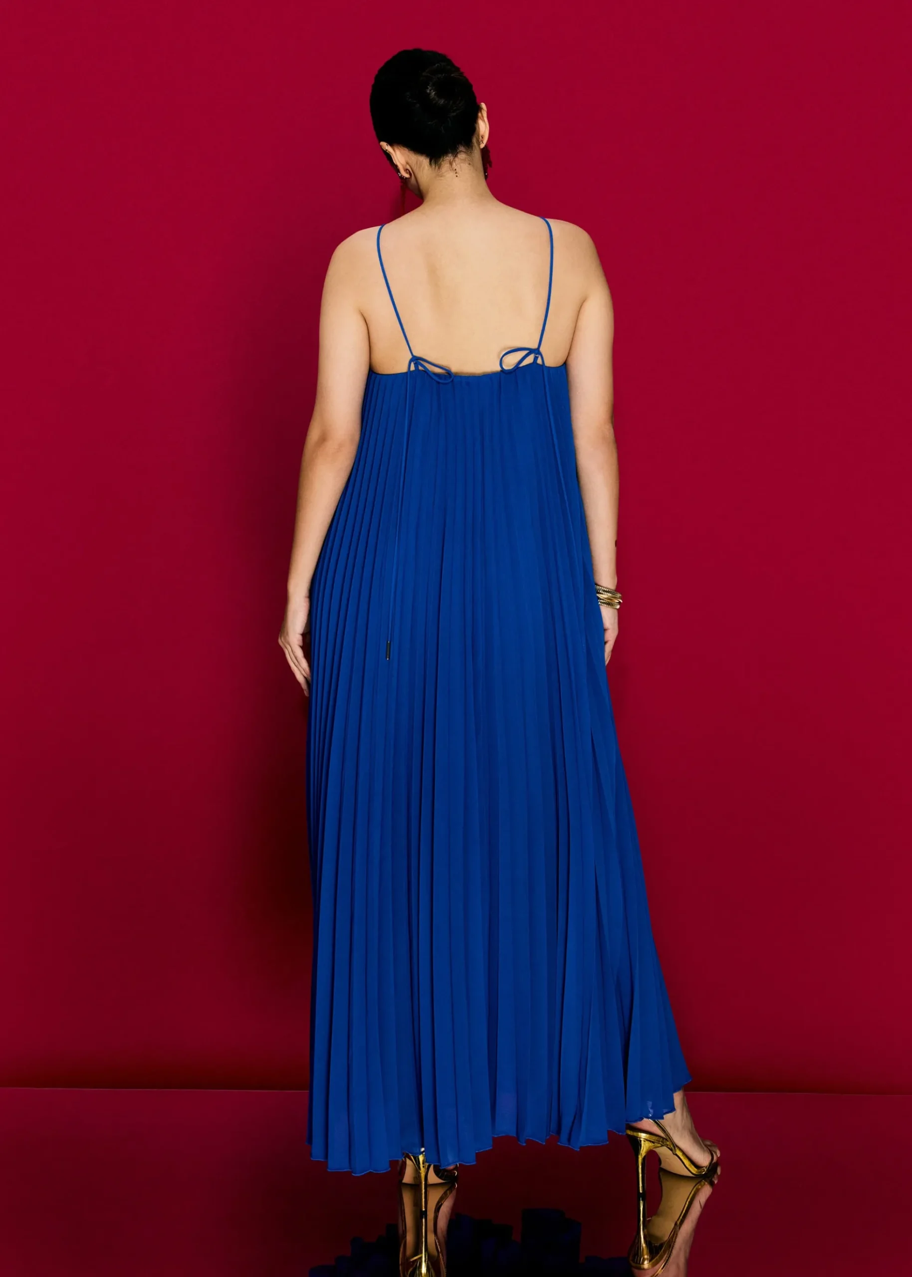 Pleated Halter Trapeze Maxi Dress