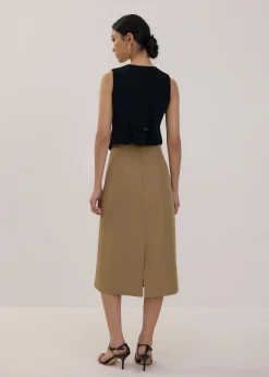 Pleated High Waist Column Midi Skirt