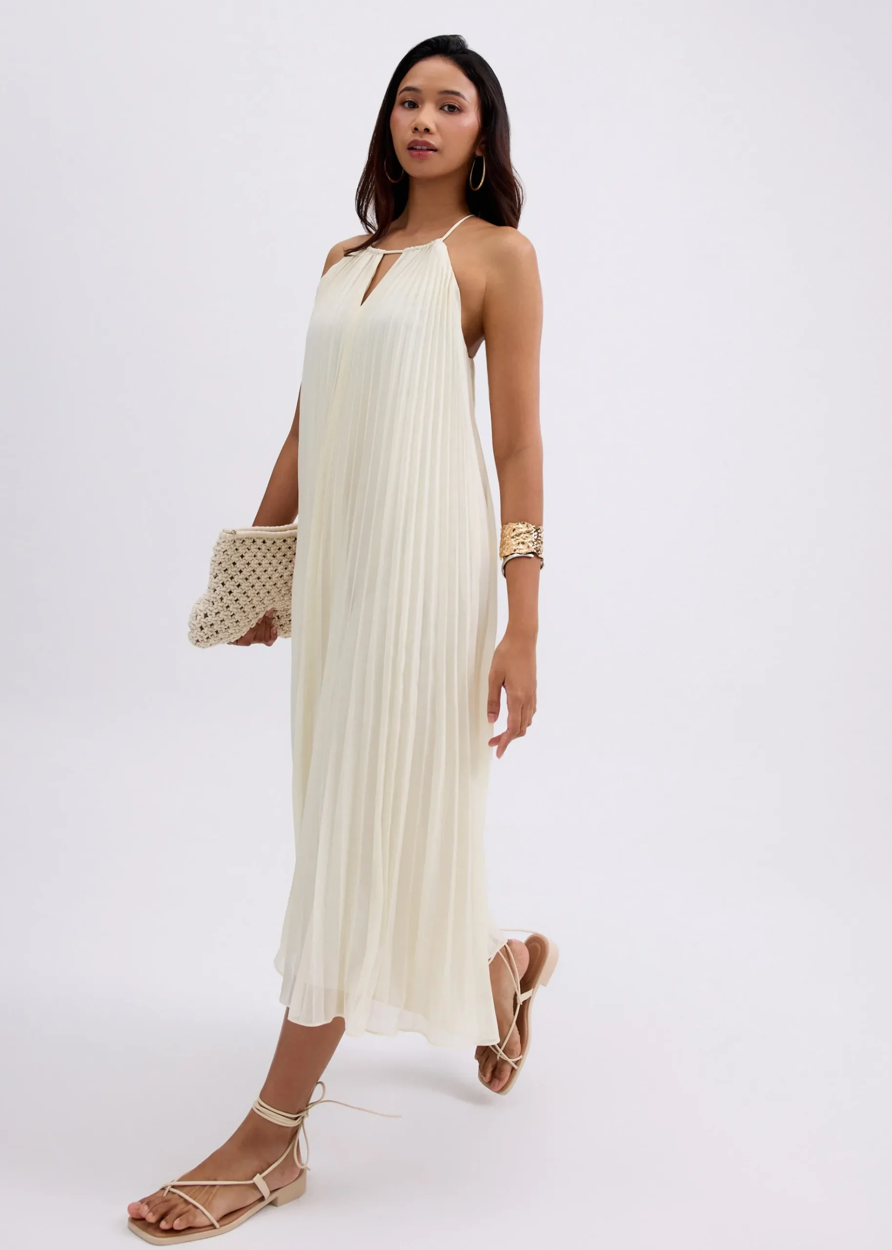 Pleated Trapeze Halter Midaxi Dress