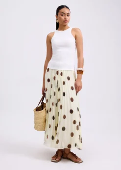 Plisse High Waist Flare Midaxi Skirt in Brushed Dots