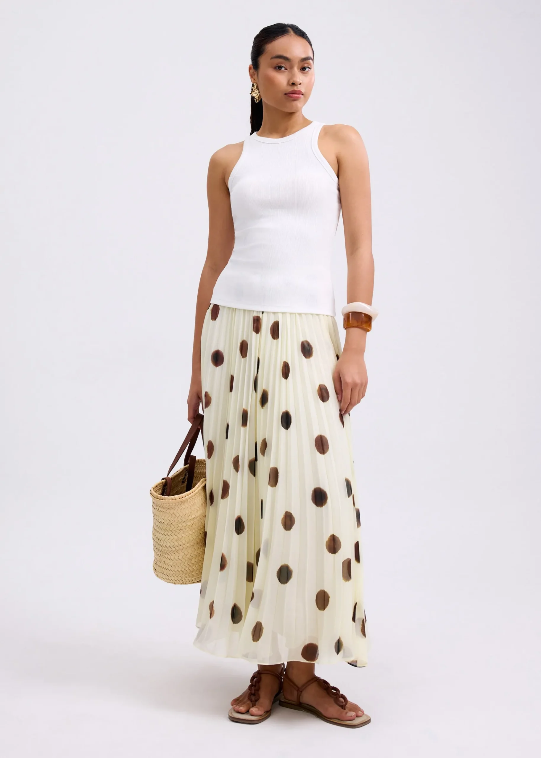 Plisse High Waist Flare Midaxi Skirt in Brushed Dots