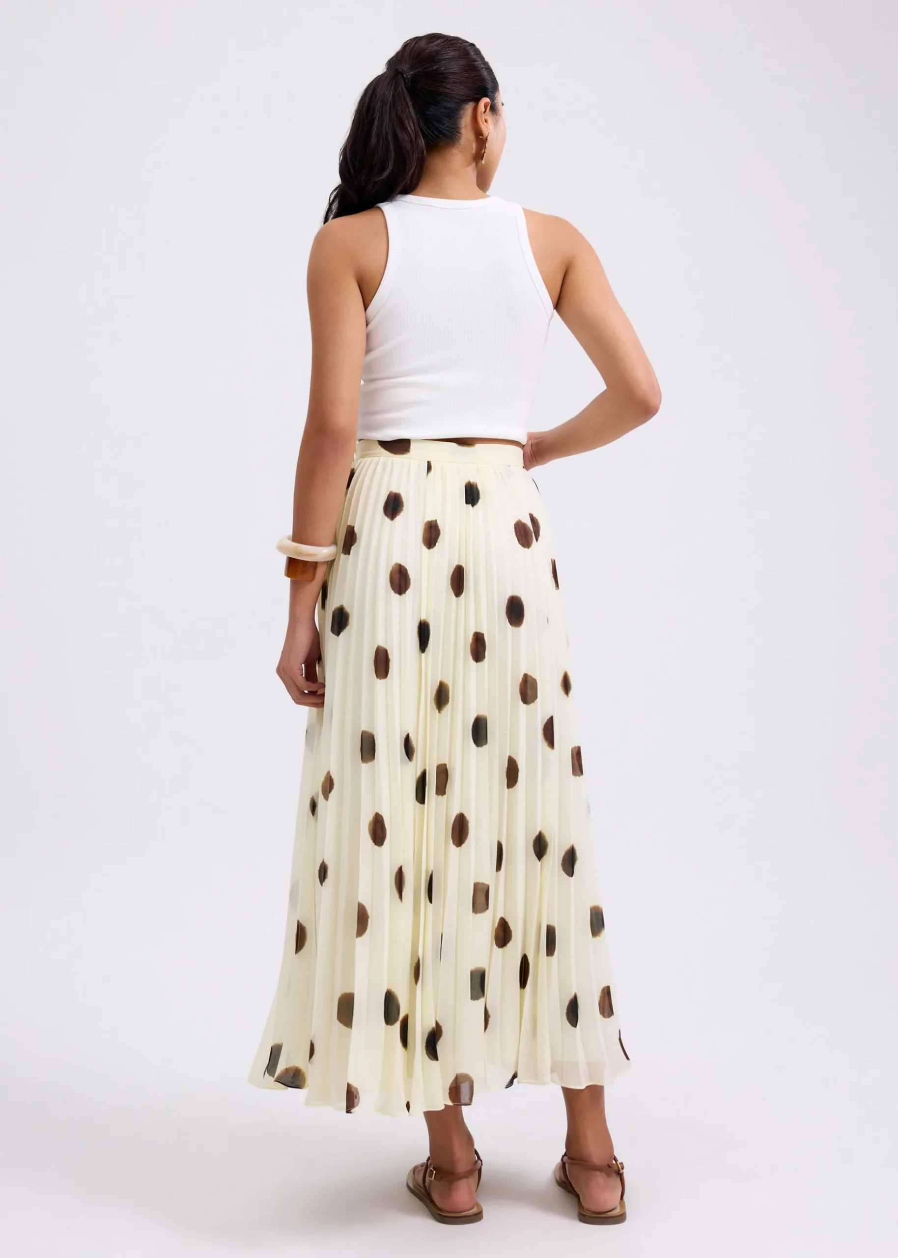 Plisse High Waist Flare Midaxi Skirt in Brushed Dots