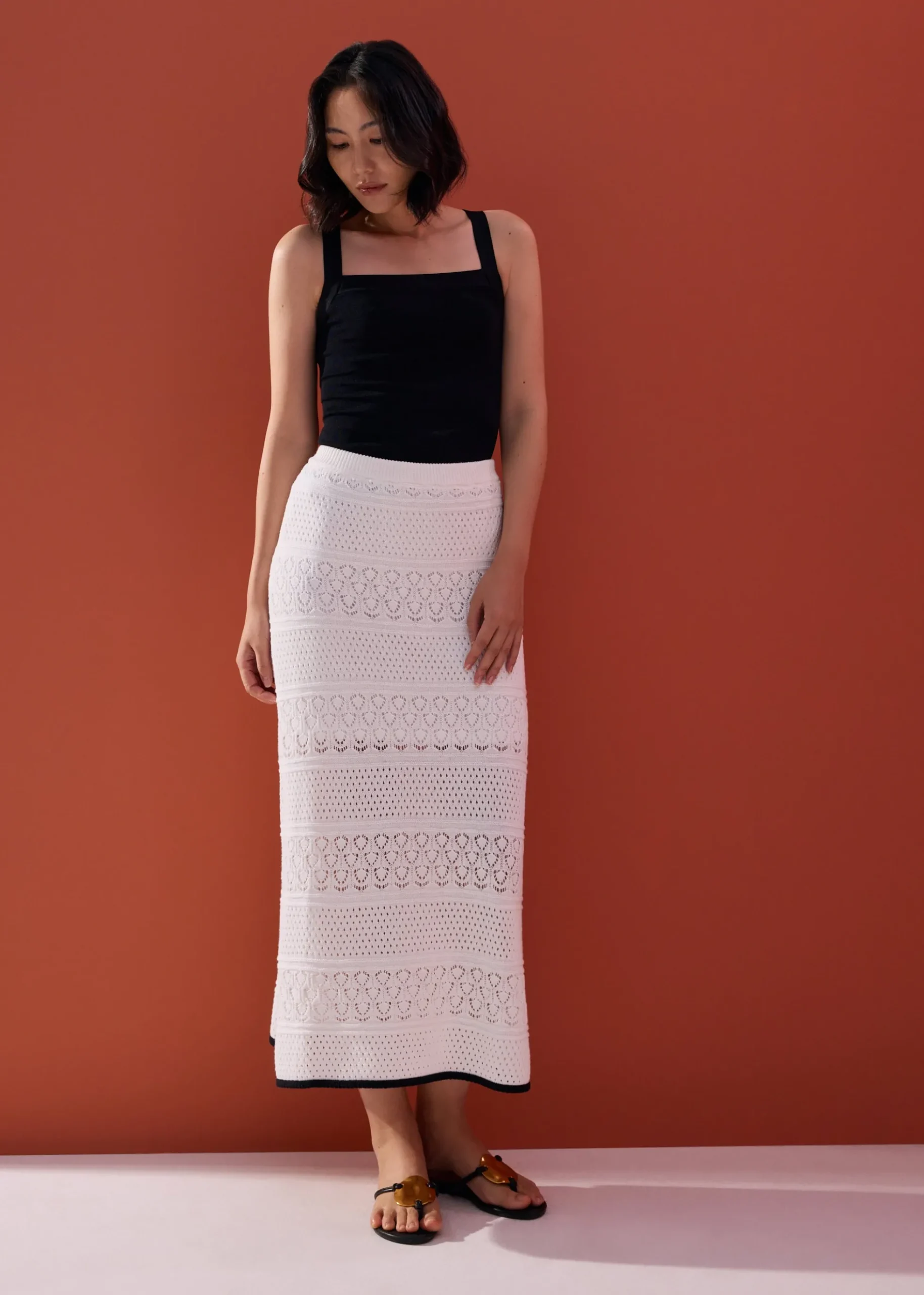 Pointelle Contrast Knit High Waist Column Midaxi Skirt