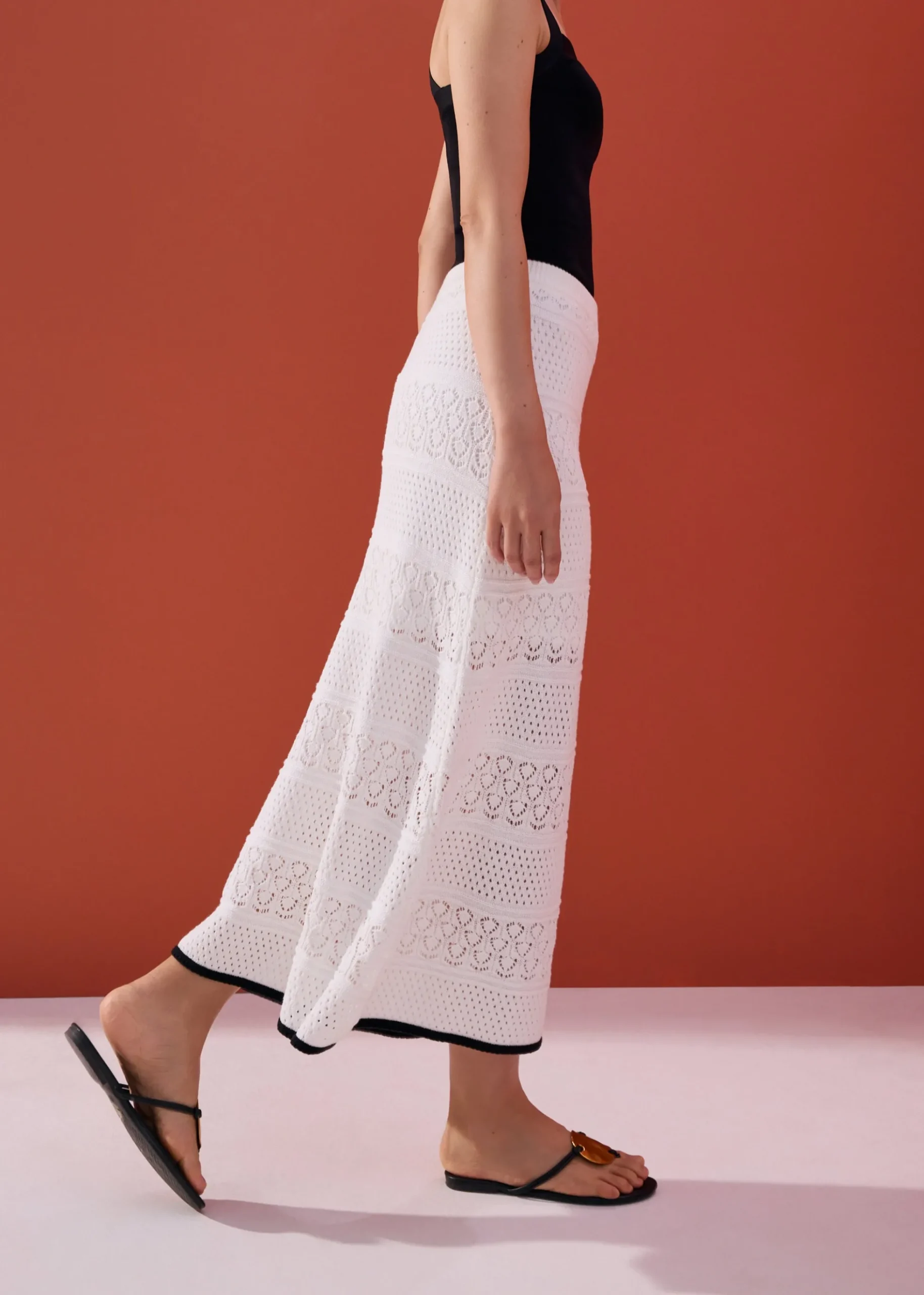 Pointelle Contrast Knit High Waist Column Midaxi Skirt