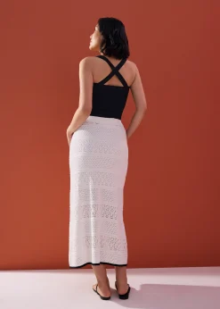 Pointelle Contrast Knit High Waist Column Midaxi Skirt