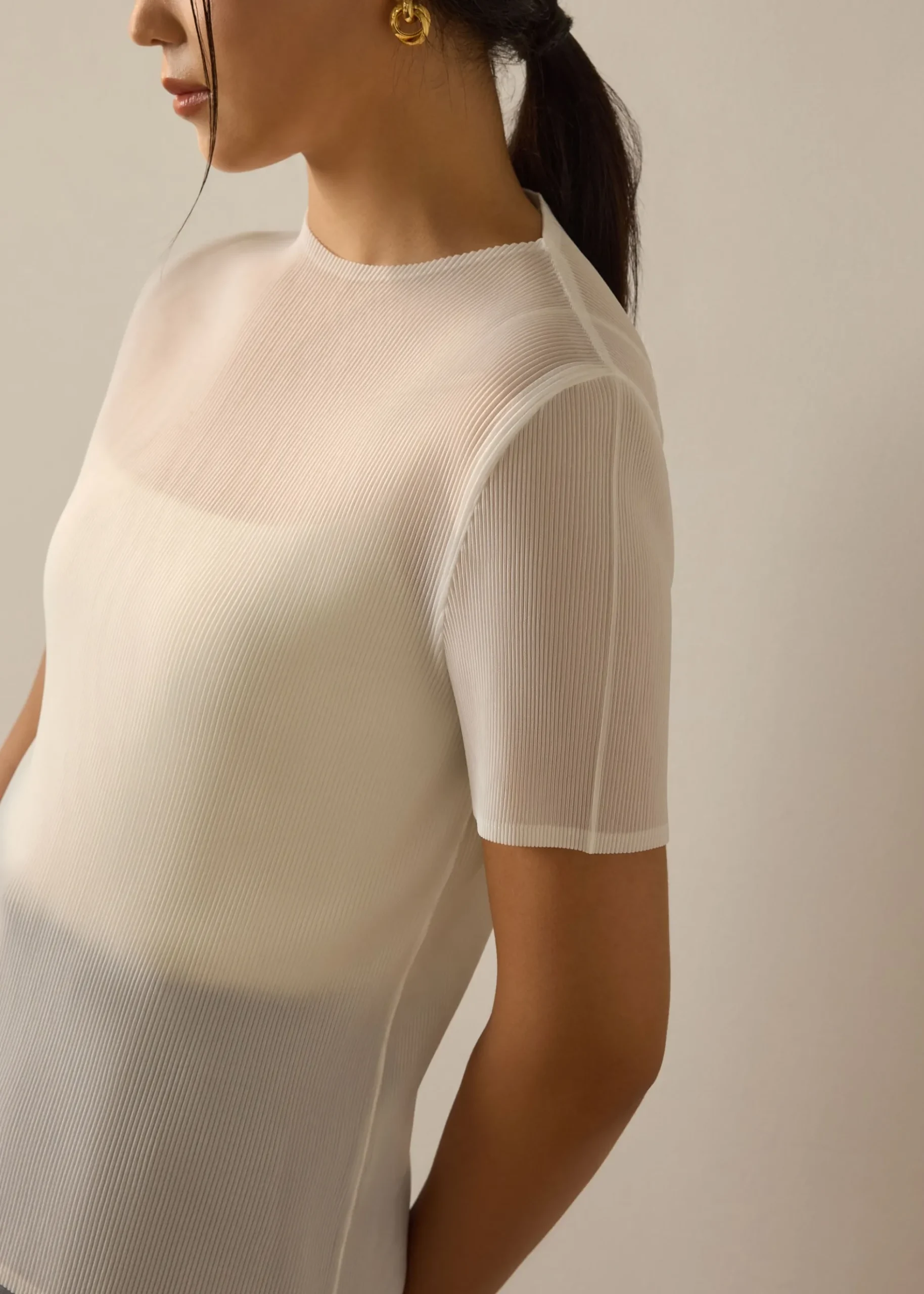 Praveena Plisse Mock Neck Fitted Top