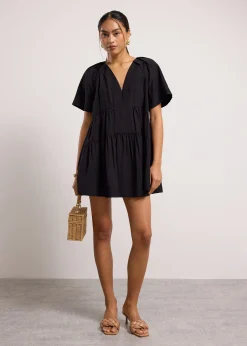 Rayon V-neck Trapeze Mini Dress