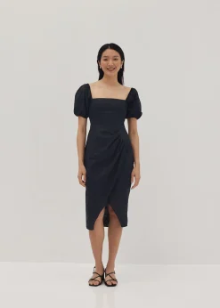 Regina Linen Puff Sleeve Midi Dress