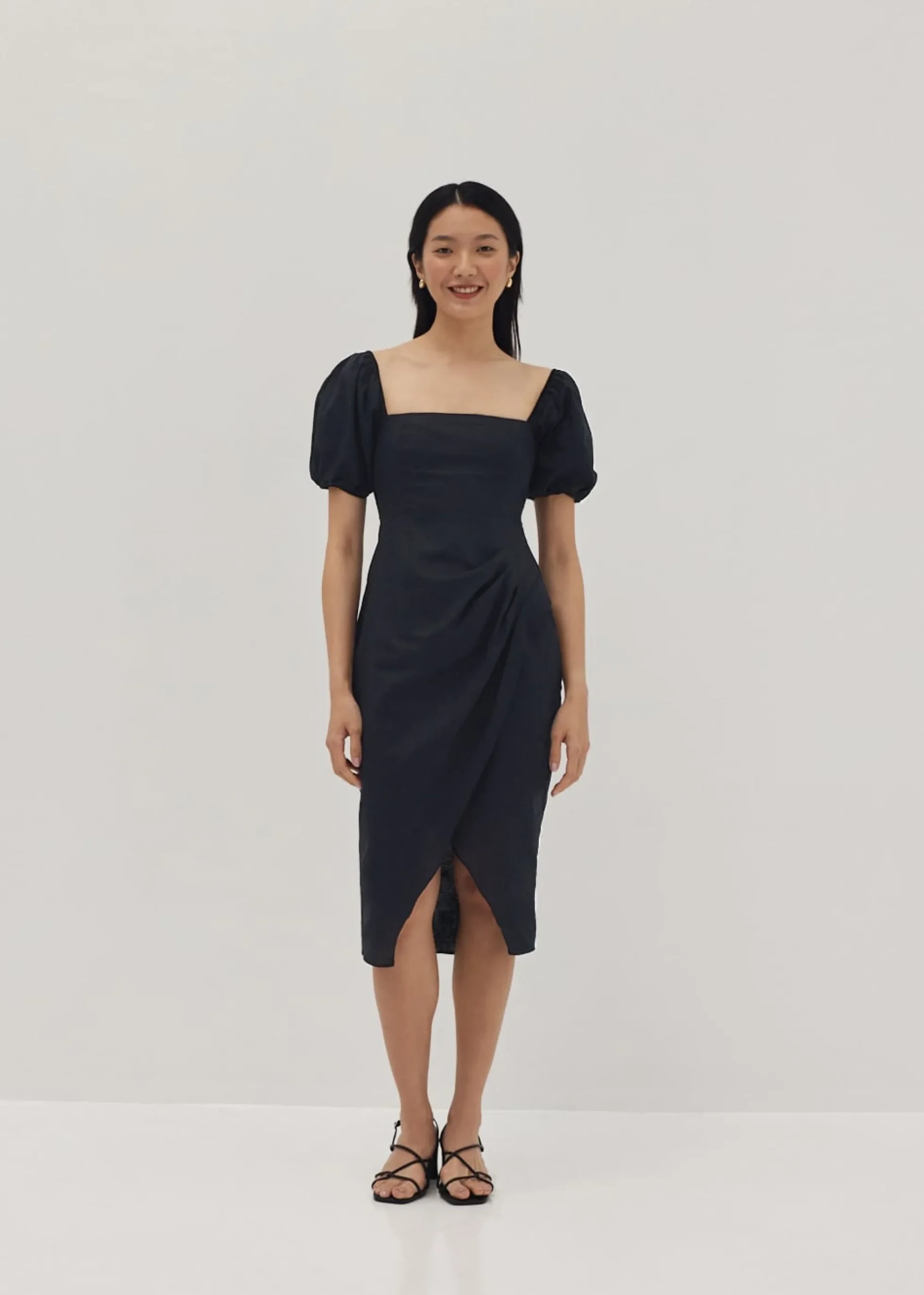 Regina Linen Puff Sleeve Midi Dress
