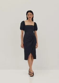 Regina Linen Puff Sleeve Midi Dress