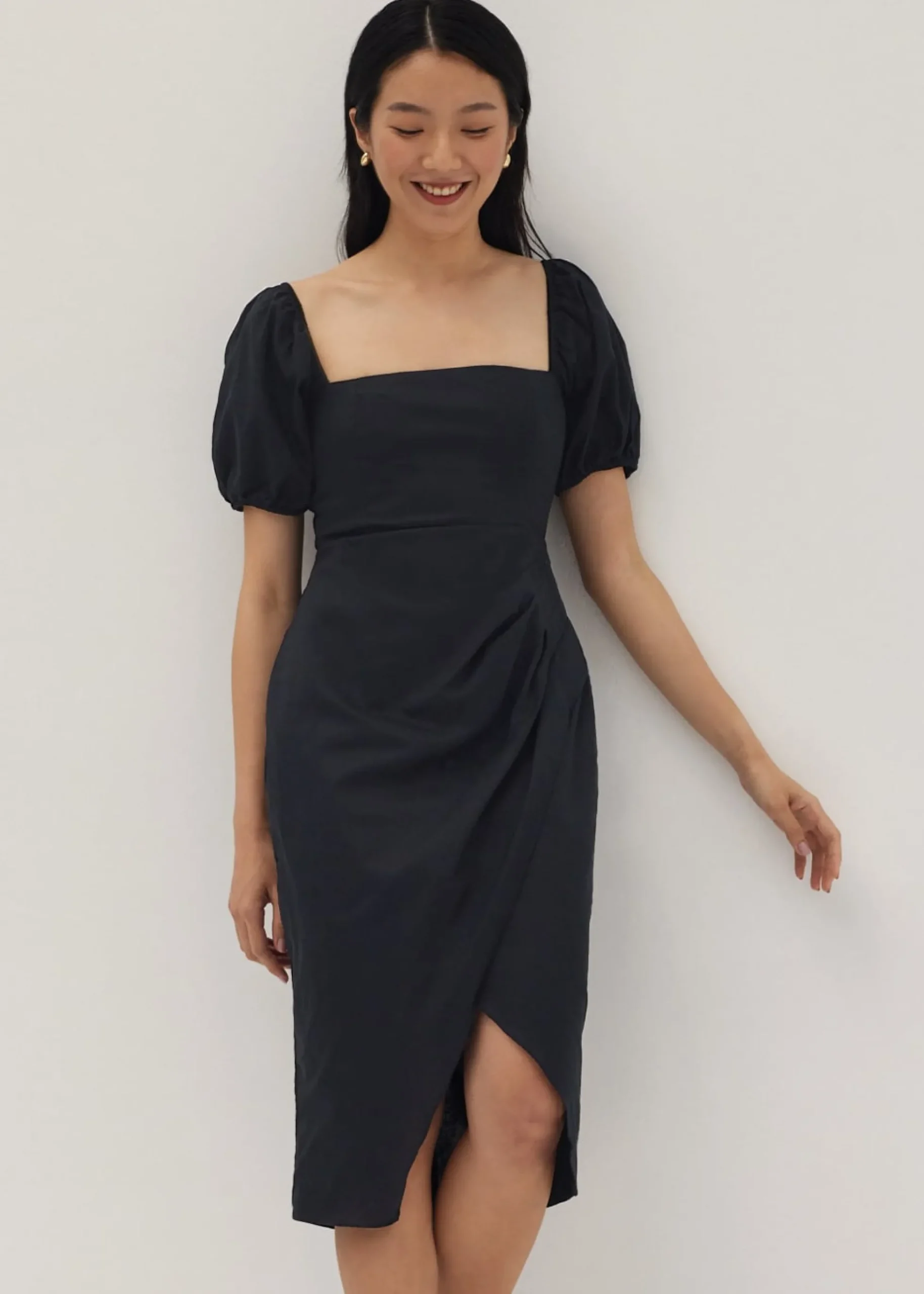 Regina Linen Puff Sleeve Midi Dress