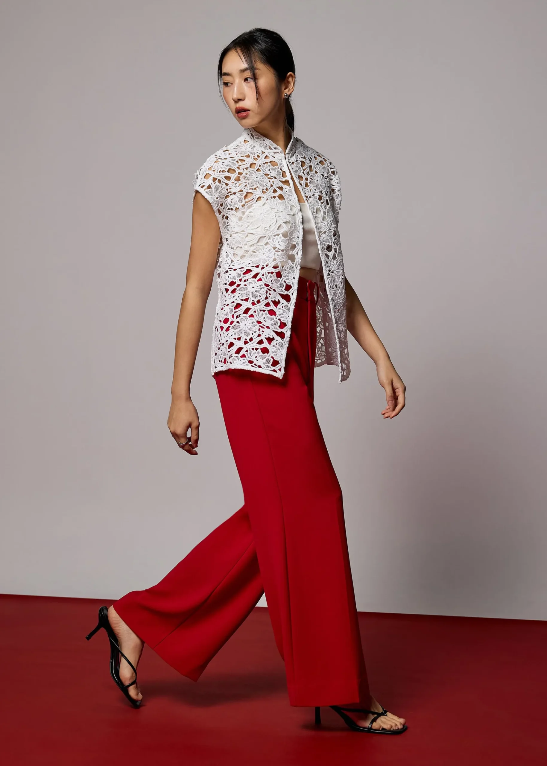 Relaxed Lace Mandarin Collar Top