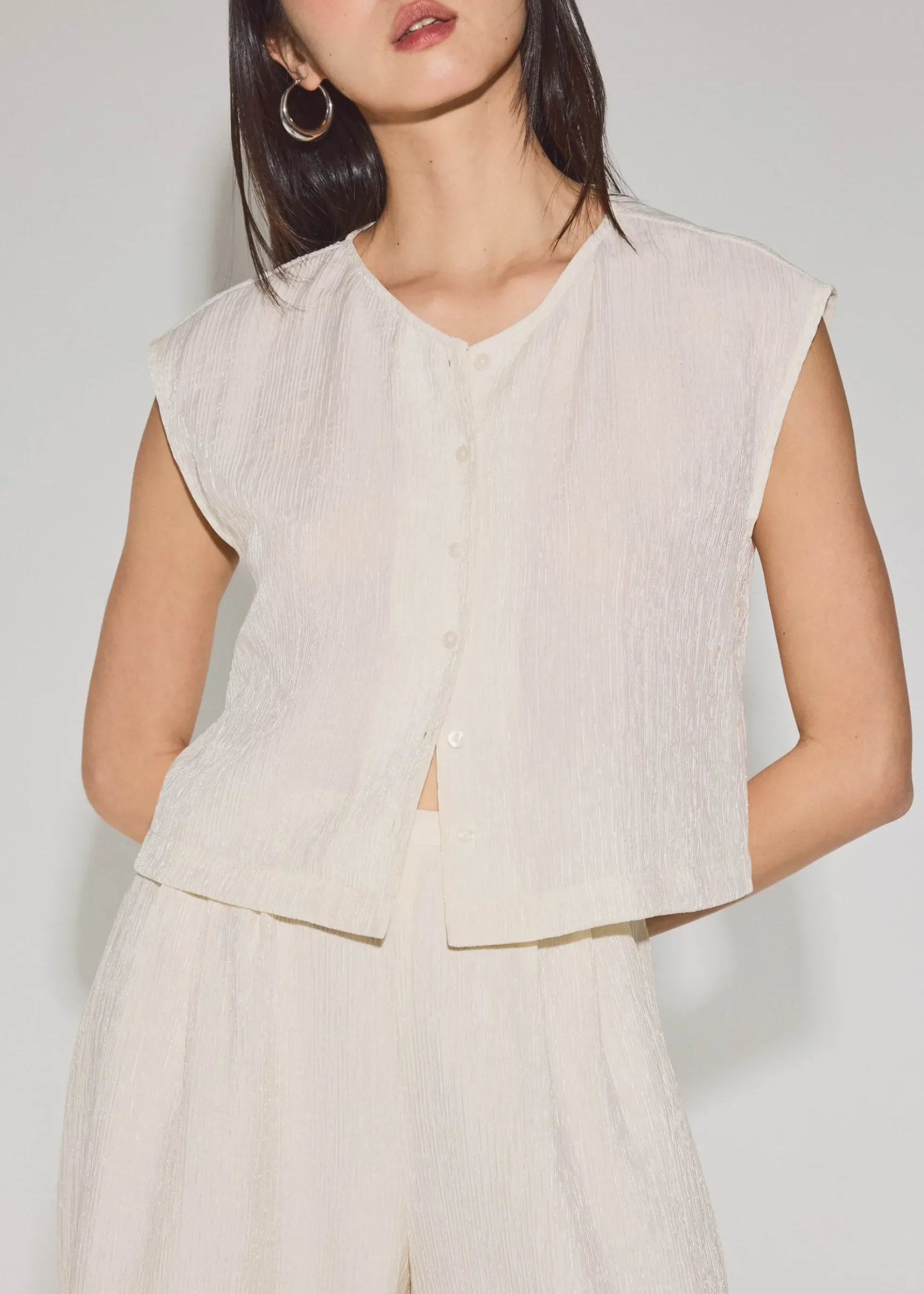 Relaxed Textured Lyocell Button Down Top