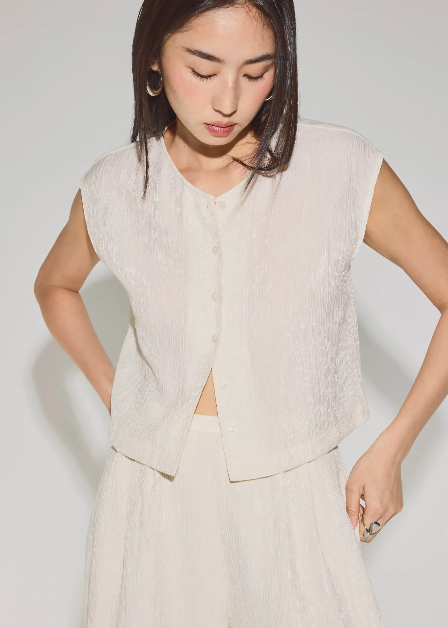 Relaxed Textured Lyocell Button Down Top